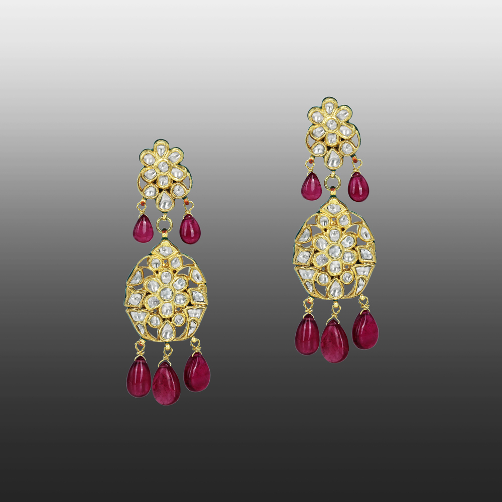 Floral Polki Earrings with Rubylite Drops